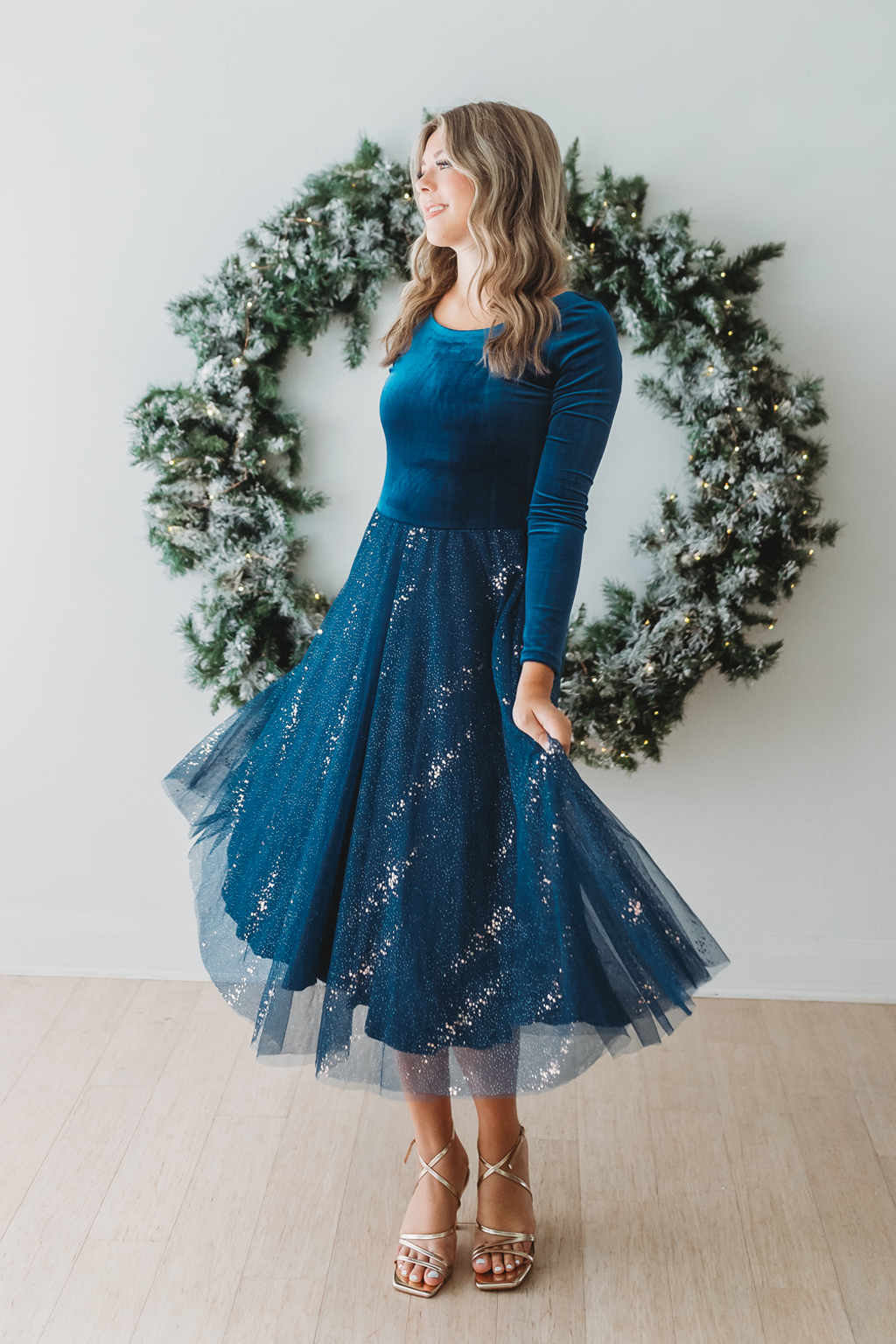 white christmas dresses Sapphire Round Neck Waist Cotton Dress