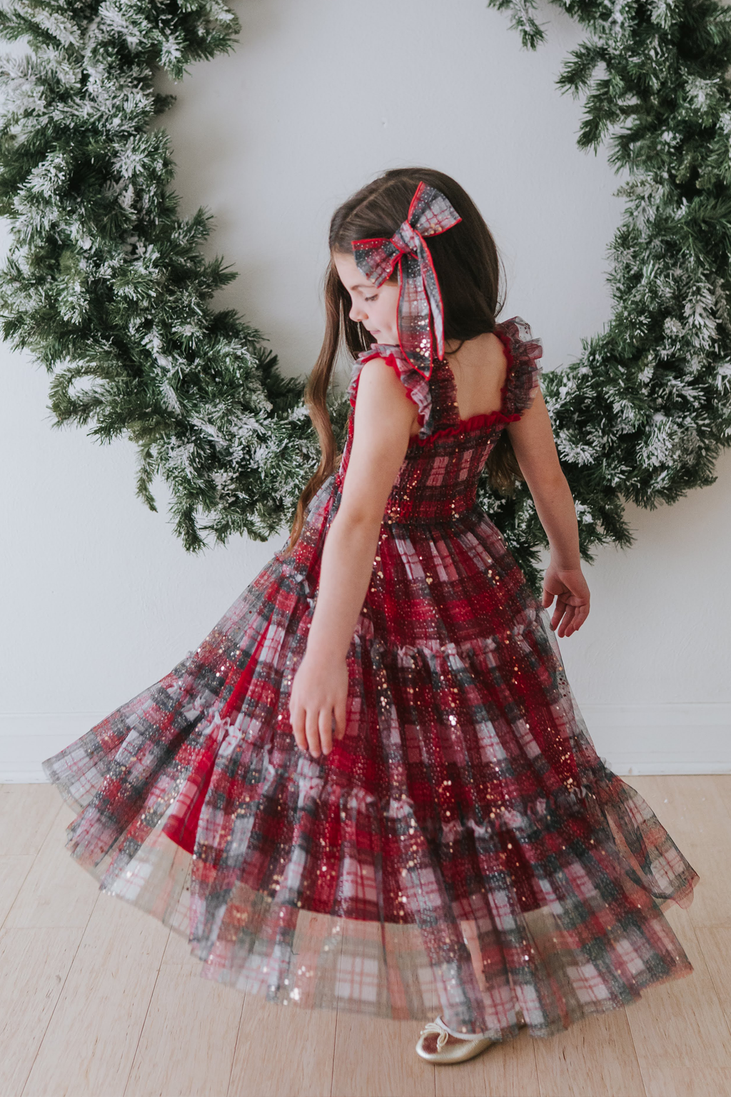 Glimmer Tulle Hair Bow - Holiday Plaid